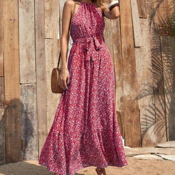 MODA ME COUTURE Dresses & Skirts - Boho Floral mini ditsy Belted Halter Maxi Dress red